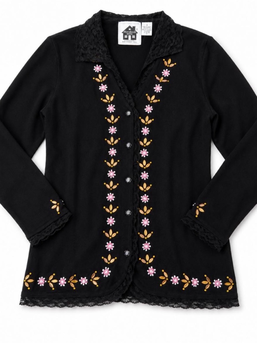 Storybook Knits Black Cardigan with Pink and Gold Floral Embroidery